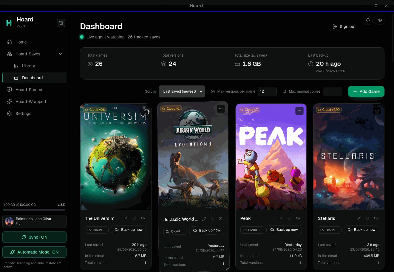 The Hoard desktop app showing the game library with synced saves and version history